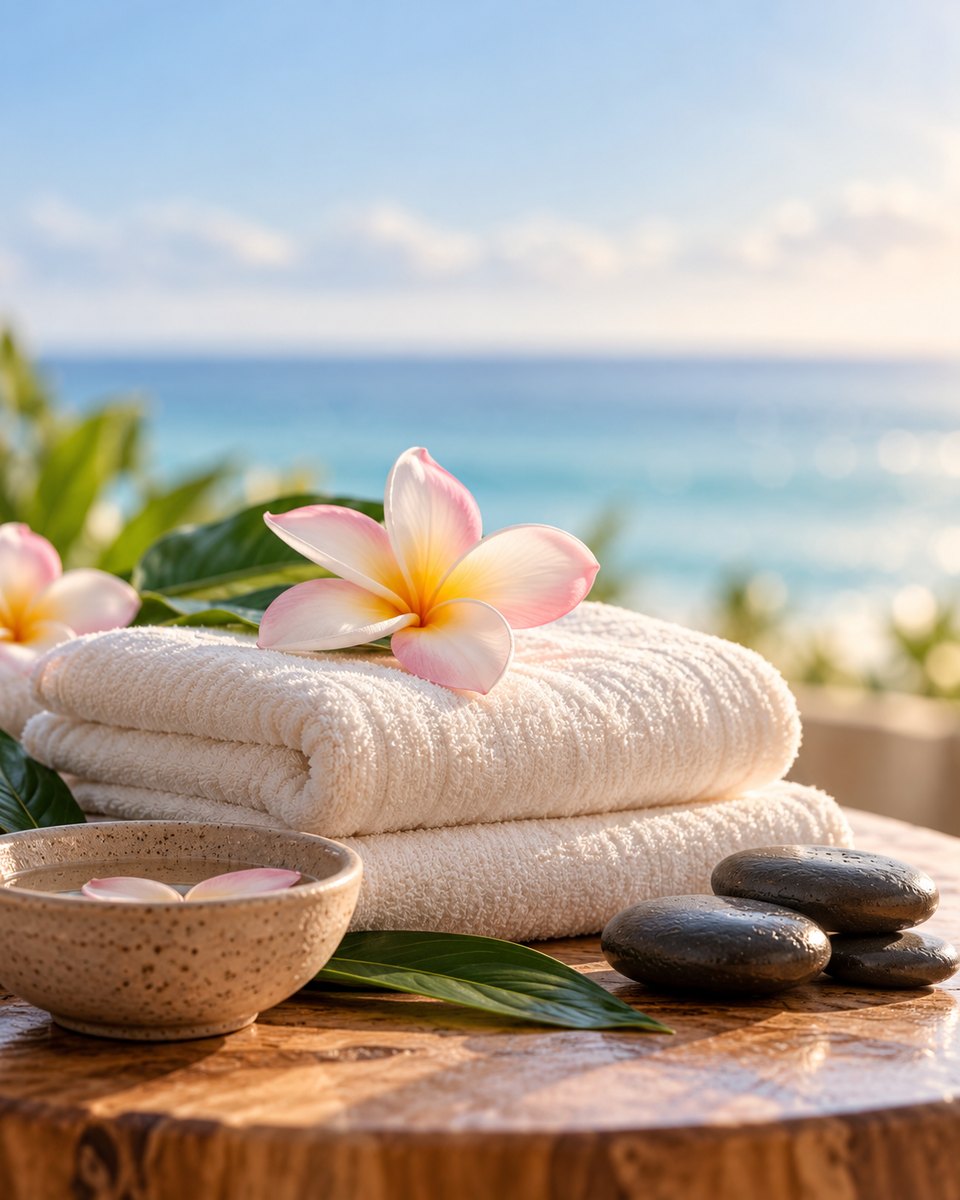 Plumeria flower, fresh towels and spa stones by the ocean